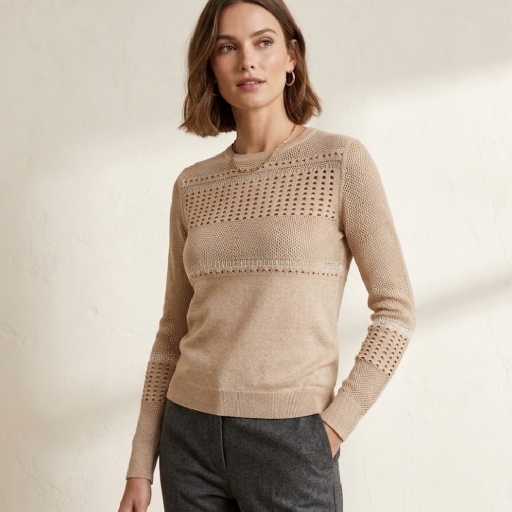 One Grey Day Pullover Open Knit Crewneck Sweater In Tan Size XS